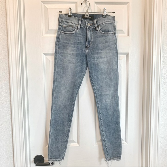 EXPRESS Blue Fleece-Lined Denim Jean Leggings Mid-Rise Raw Hem - Picture 3 of 9